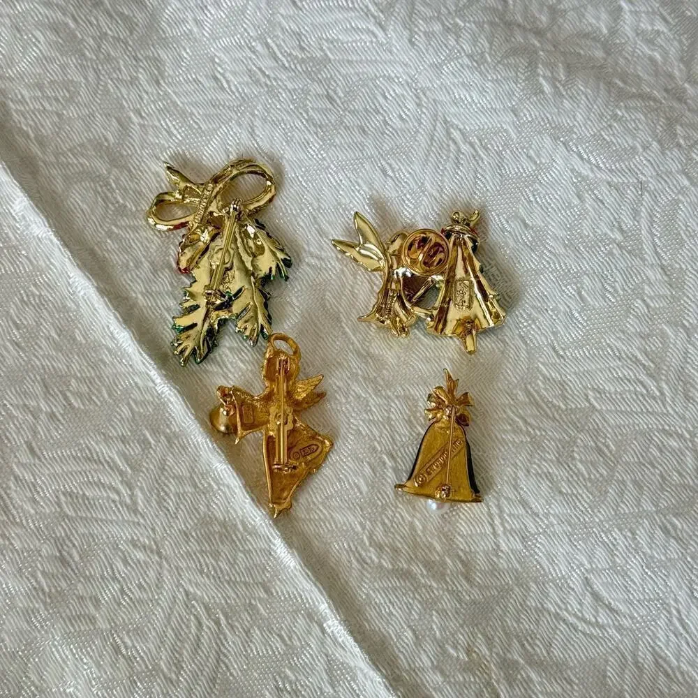 Lot of 4 Gold Enamel Christmas Brooches Pin Signed Vintage Jewelry Angels 1990s